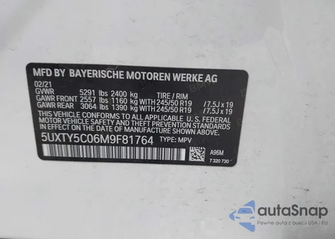 2021 BMW X3 xDrive30I z USA, uszkodzony, nr VIN 5UXTY5C06M9F81764